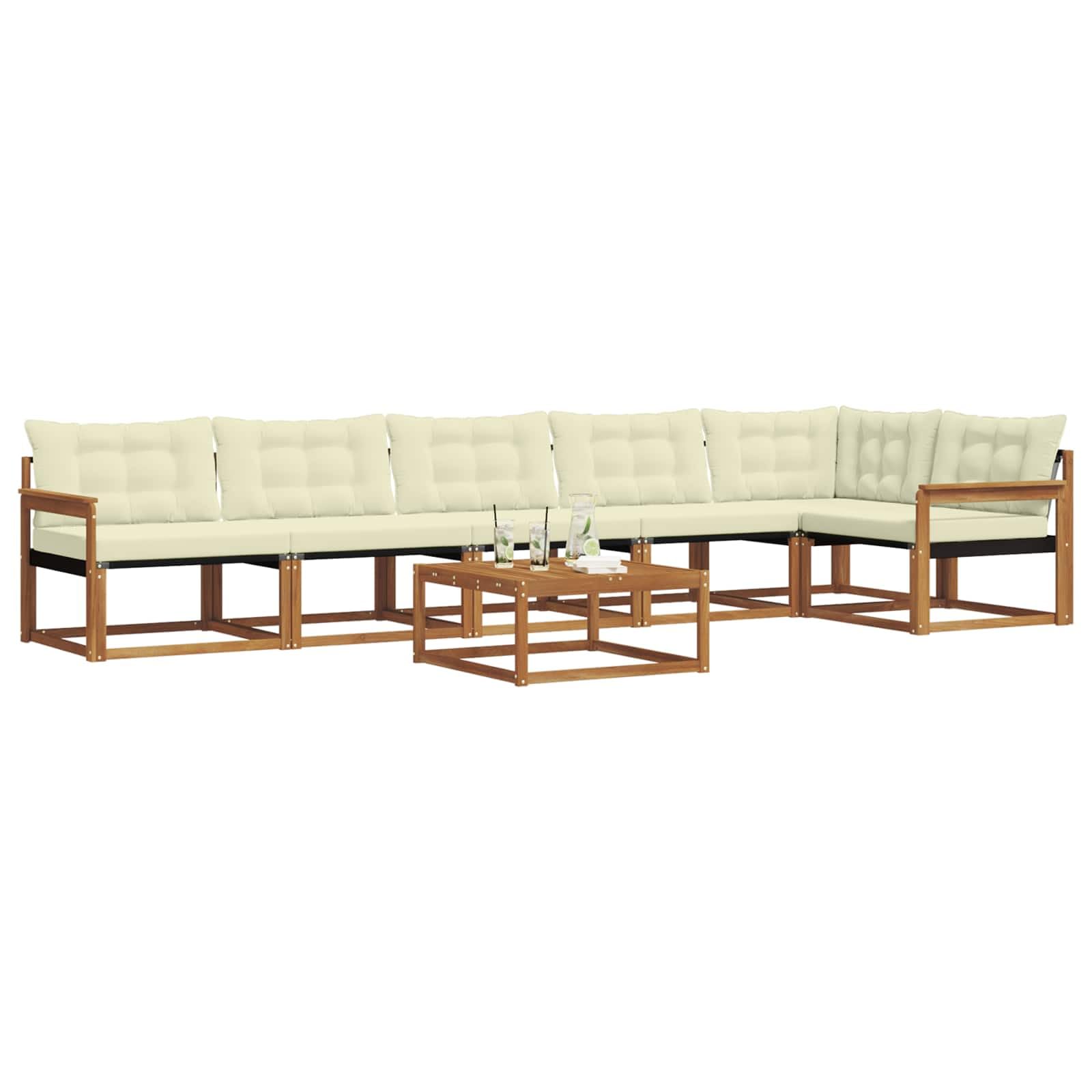 Gartenmöbelgarnitur mit 7 Teilen aus massivem Akazienholz Natur und Creme, wetterfestes Outdoor-Set mit Tisch, Sofas, Kissen für Terrasse, Balkon, Garten