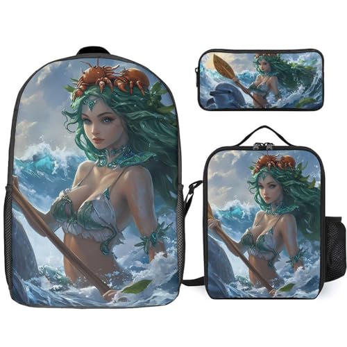 Ocean Goddess Waves Dolphins Crabs Classic Backpack Lunch Bag Pencil Case 3 Piece Set Travel Daypack