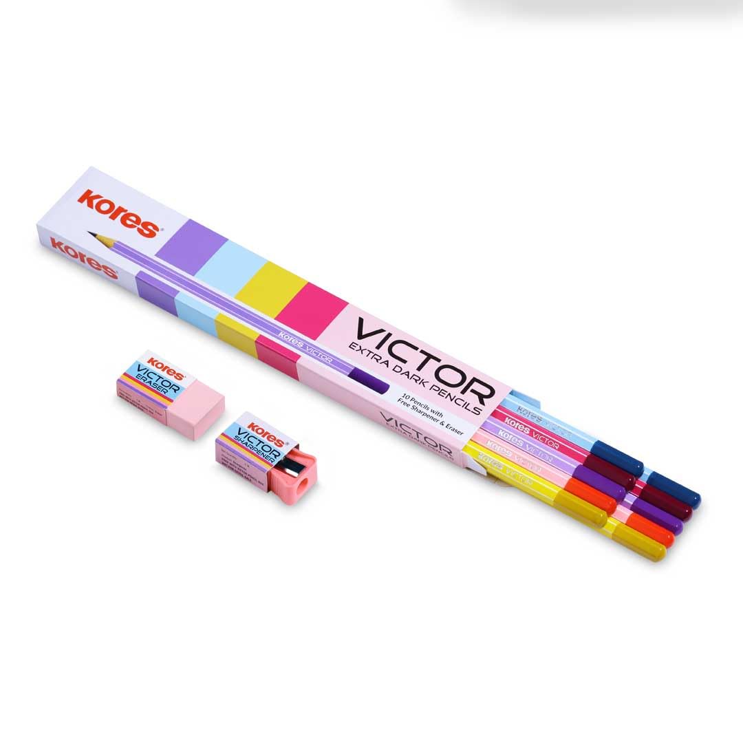 Kores Victor Extra Dark HB Pencils – Pack of 10 pencils with Free
