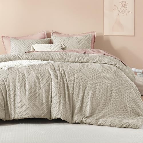 Image of Litanika Oatmeal Super King Plus Comforter, 3 Pieces Tufted Boho Farmhouse Bedding Comforter Sets, Lightweight Fluffy Bed Set for All Season (128x120In Comforter and 2 Pillowcases)