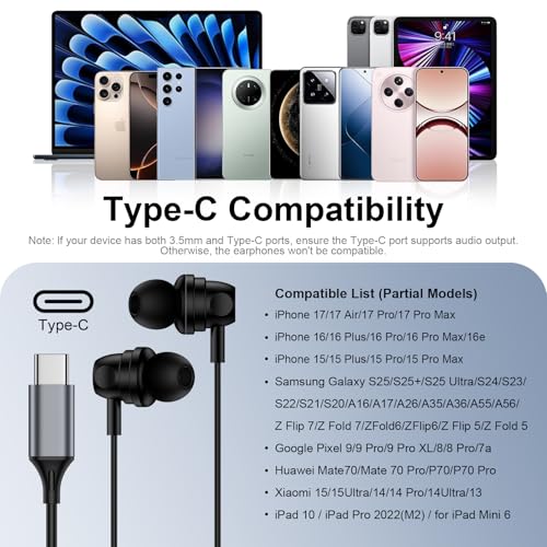 Wired Earphones USB C for iPhone 17 Air 16 15 Pro Max Plus, Wired Headphones USB C In Ear Earbuds Type C with Microphone for Samsung Galaxy S25 Ultra S24 S23 FE S22 A16 A17 A35 A36 A53 A54 A55 A56 5G - Image 5