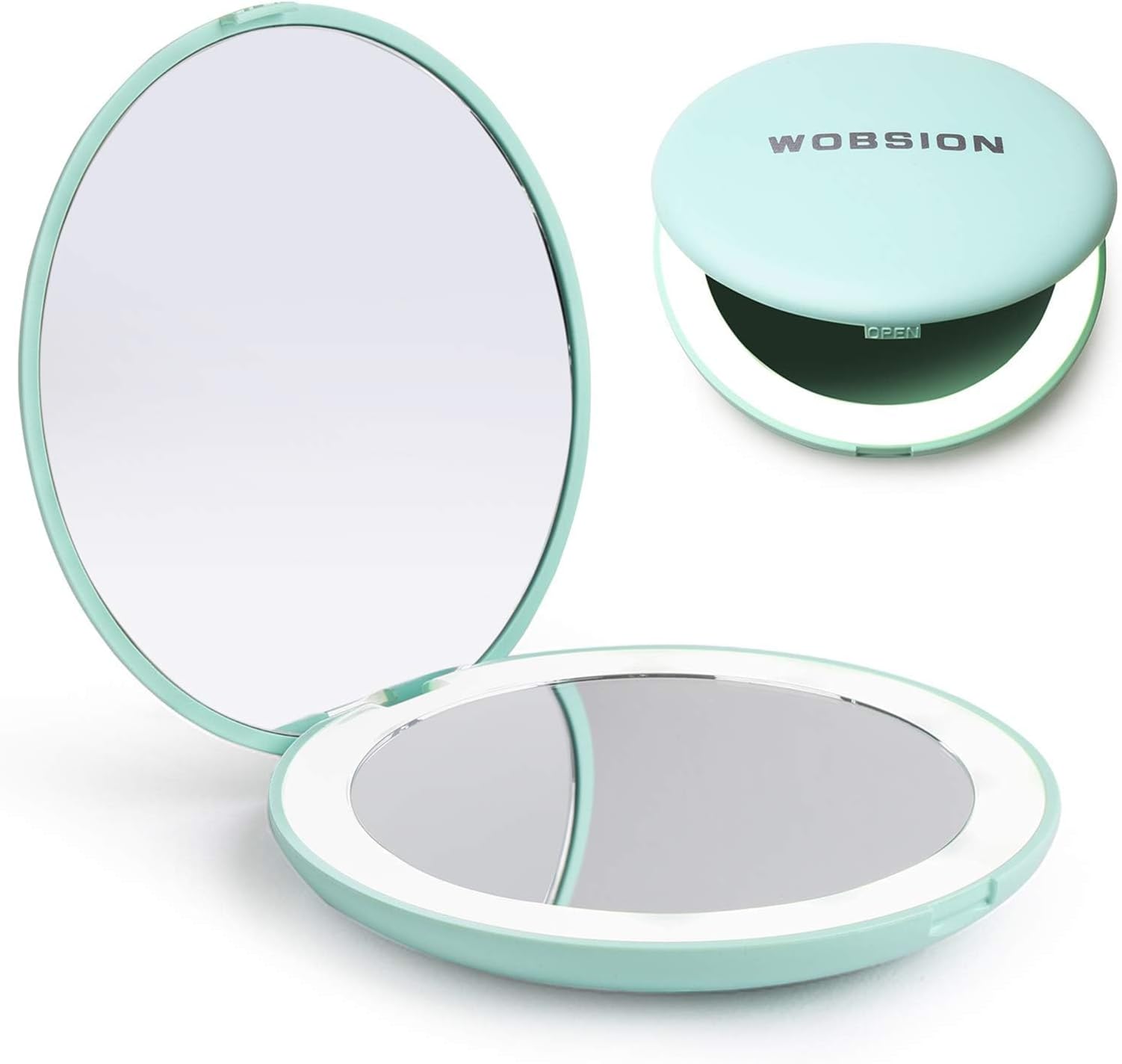 Compact Mirror with Light, 1x/10x Magnifying Travel Makeup Mirror, LED Pocket Mirrors for Purse and Handbag, Handheld 2-Sided Small Folding Mirrors, Round, Cyan