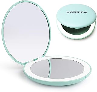 WOBSION Compact Mirror with Light, 1x/10x Magnifying Travel Makeup Mirror, LED Pocket Mirrors for Purse and Handbag, Handheld 2-Sided Small Folding Mirrors, Round, Cyan