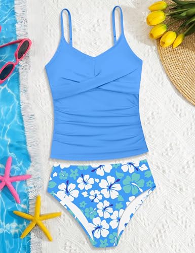 Image of Girls Swimsuit 2 Piece Bathing Suit Criss Cross Ruched Girl Tankini Sets Printed Girls' Swimwear for 9-18 Years