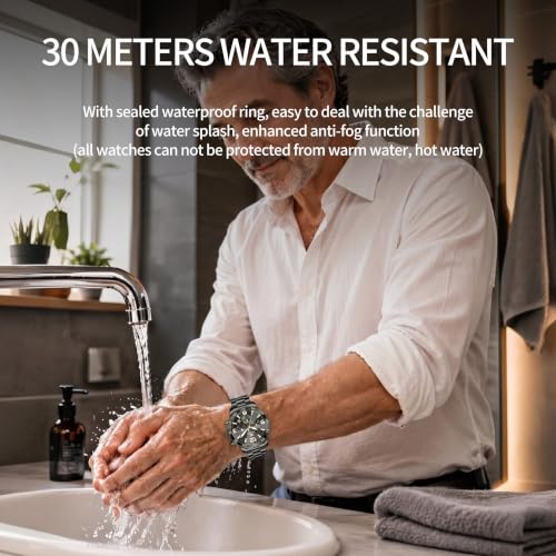 Image of OLEVS Men's Watches Luxury Chronograph Waterproof Dress Business Quartz Analog Stainless Steel Multifunction Fashion Watches with Date, Sun-noon Phase Big Dial 44mm, Luminous Hands Scales
