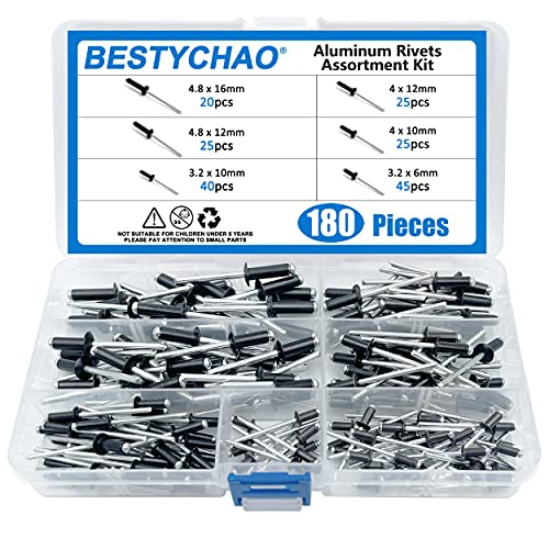 BESTYCHAO 180pcs 6 tamaños remaches ciegos de aluminio, pop remache surtido conjunto (negro)