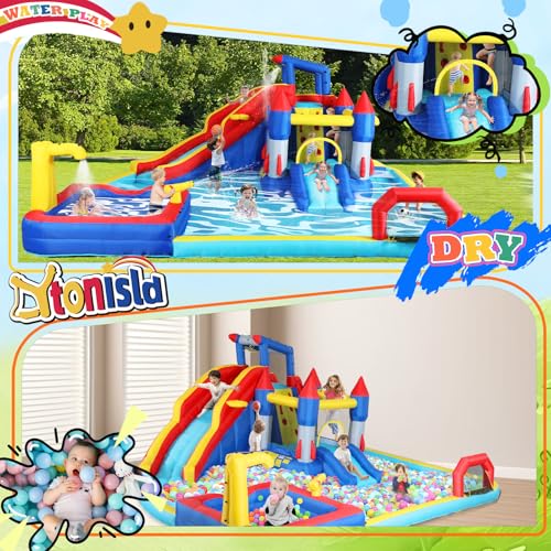 Large Inflatable Water Slide Park, 19x17x8 Ft 10 in 1 Water Bounce House with Blower, Dual Splash Pool, Water Cannon, Basketball & Soccer, Water Slides Bouncy Castle for 3-10 Kids Outdoor Backyard