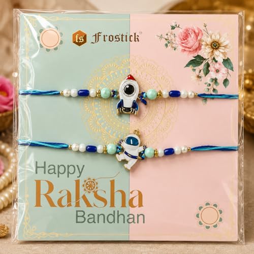 Image of Frostick Kid's Rakhi Gift Set - 2 Astronaut Rakhis, 1 Celebrations Pack, Roli Chawal, Greeting Card | Perfect Raksha Bandhan Chocolate Combo for Brother