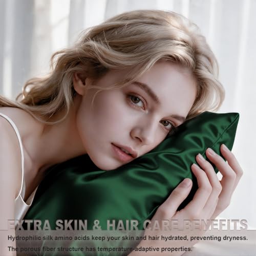 Image of LYSHIN Silk Pillow Cases 2 Pack King Size with Zipper, Olive Green | 19 Momme Mulberry Silk Pillowcase for Skin and Hair, Anti-Acne, Hypoallergenic, Cooling, Beauty Sleep, Gifts for Women