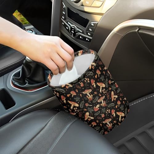 Image of Mushroom Print Car Trash Can - Cute Portable Collapsible Back Seat, Front Seat, Floor, or Hanging Headrest Waste Basket Car Accessories Interior