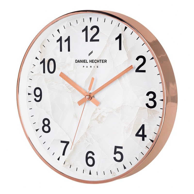 Image of Daniel Hechter Paris Moselle Collection Wall Clock, Silent Sweep Non-Ticking, 12 inch(30cm) HD Glass White Marble Dial, Rose Gold Plastic Frame, Modern Decorative Clock for Home & Office - DHCL1003
