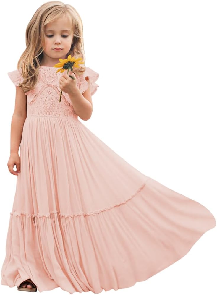 Boho Toddler Flower Girls Dresses for Wedding Lace Embroidery Bridesmaid Dresses Long Chiffon Party Dresses 4 Blush Pink