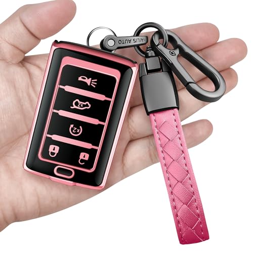 Sindeda for Jeep Key Fob Cover with Keychain Soft Full Protection Key Shell Compatible with 2021-2026 Jeep Grand Cherokee L/4xe Wagoneer Grand Wagoneer Smart Key 5 Buttons-B(Pink)