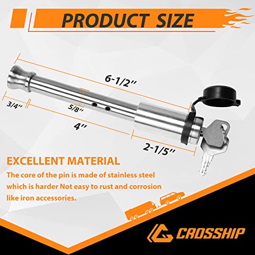 Crosship Heavy Duty Stainless Steel Trailer Hitch Lock, 5/8" Pin Diameter With Weather Resistant Rubber Cap, Fits 2 Or 2-1/2 Or 3 Inch Receiver With O-Rings For Class I, Ii, Iii, Iv, V Hitch, 1Pack #TOP2