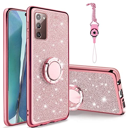 Easyscen for Galaxy Note 20 Case with Ring Stand Lanyard Strap, Cute Bling Shiny Glitter Girly Women Drop Protection Shockproof 2-Layer Protective Phone Cover for Samsung Note 20 5G - Rose Gold