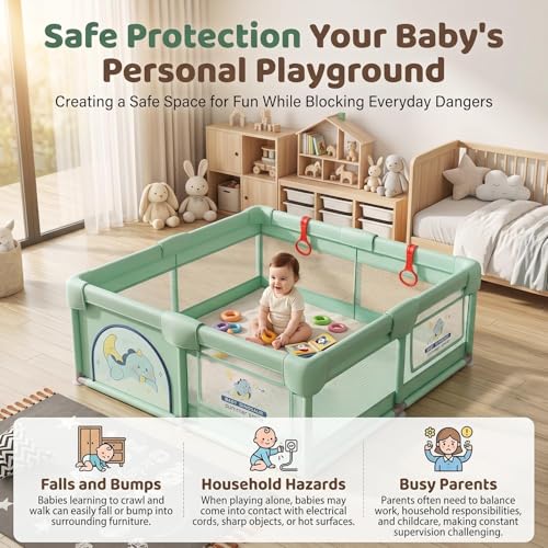 Image of StarAndDaisy Play Pen for Baby for 0-5 Years 150 x 180 cm Baby Play Area Indoor Setup with Safety Lock & Anti-Fall Grasp System | Breathable Play Pen for Kids Indoor - Green