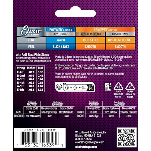 Image of Elixir Strings, Acoustic Guitar Strings, 80 /20 Bronze with NANOWEB Coating, Longest-Lasting Bright and Focused Tone with Comfortable Feel, 6 String Set, 3 Pack, Light 12-53