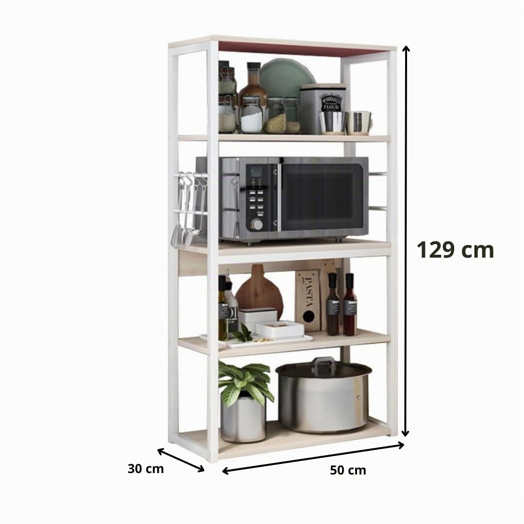 Meyvaser Estantería de Cocina, Unidad de Cocina Alta con estantes de Almacenamiento, Marco de Metal Blanco, Estante Industrial para microondas 50x30x130 Cm Color Natural y Blanco