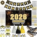 Picture of New Years Eve Party Supplies 2026 for 96, New Years Eve Party Decorations, a Banner, 48 Cone Hats, 48 Glasses, 98 Blowouts, 48 Leis, 50 Necklaces and a Backdrop, Great NYE Decorations Pack
