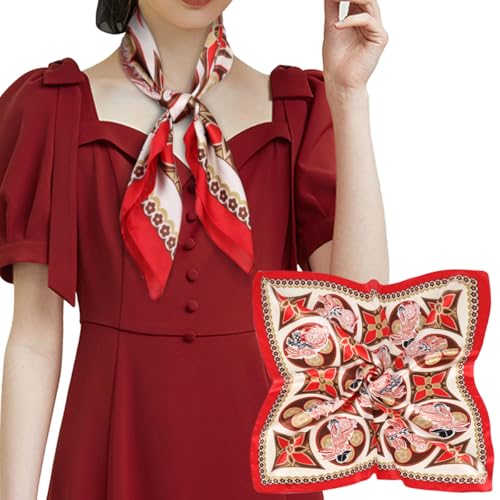 EXTREE Silk Feeling Scarf Medium Square Satin Head Scarf Sleeping Hair Wrapping for Women 27.5 × 27.5 inches Ginger Yellow With Red Edge
