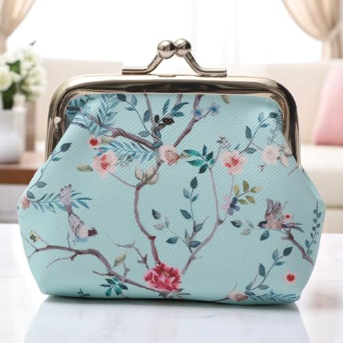 1Pcs Pouch Wallet Branch Blossom Snap Wallet PU Leather Blue 9x8cm