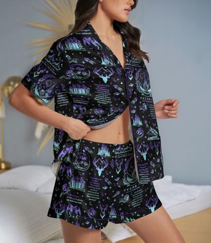 Image of HUNTFAMI Women Silky 2 Pcs Satin Pajama Set Long Sleeve Button Down