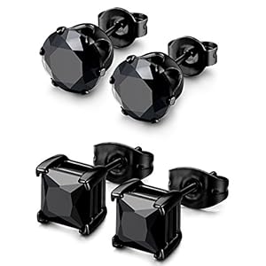 BESTEEL 2Pairs Hypoallergenic Black Stud Earrings for Men Women 316L Stainless Steel Square Round CZ Mens Earrings Studs Jewelry Set for Sensitive Ears 3-8MM Black Silver
