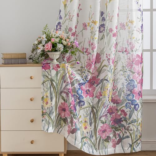 Image of SUOUO Pink Violet Wildflower Floral Semi Sheer Curtains 96 Inches 2 Panels | Linen Textured,Light Filtering,Farmhouse Cottage Decor,Rod Pocket,Window Drapes for Living Room Bedroom Dining Room