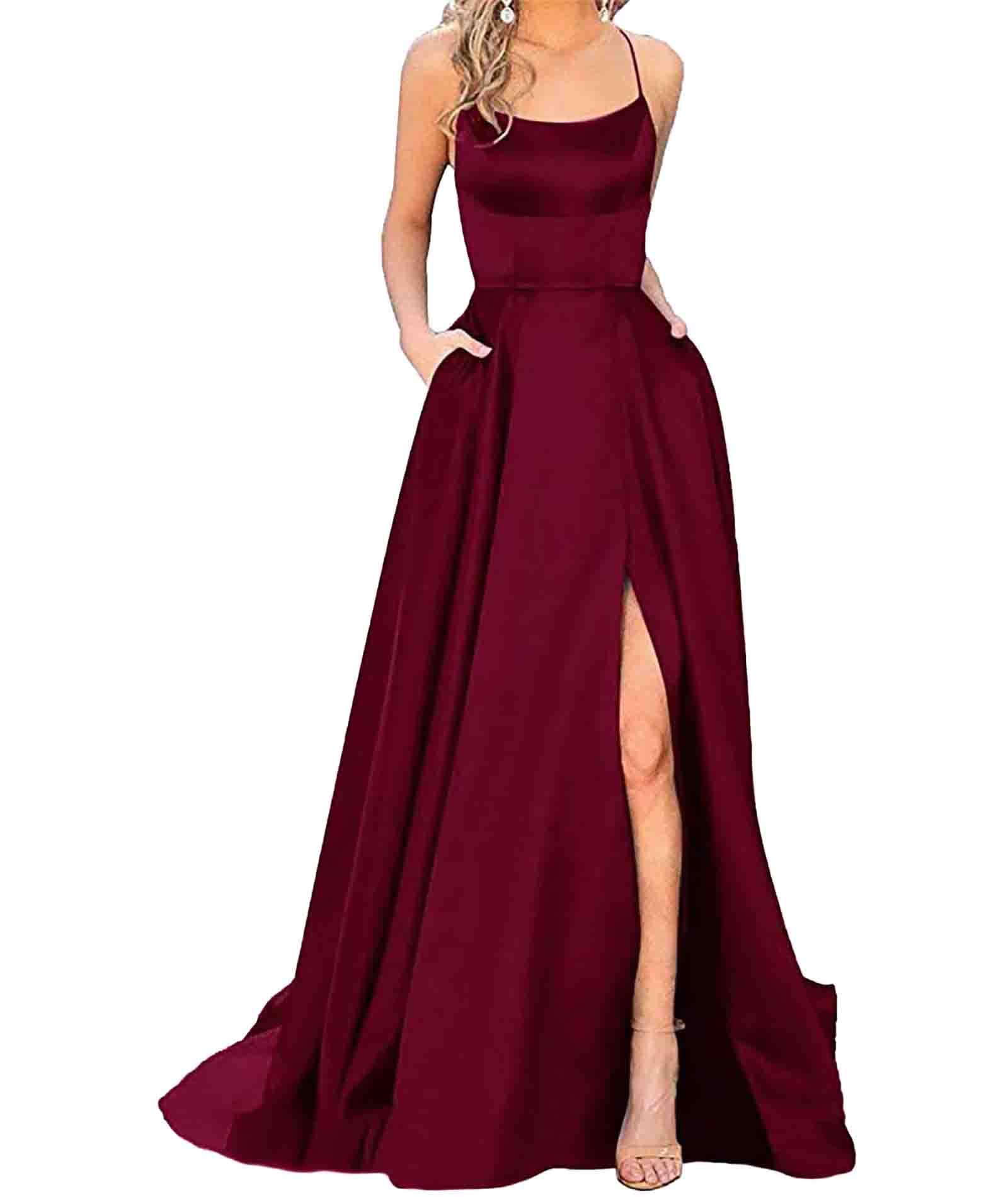 xxxiticat Abito da donna elegante, lungo, con tasche, in raso, linea ad A, senza spalline, abito da sera, sexy, con allacciatura al collo, spaghetti, lungo, da principessa, damigella d'onore