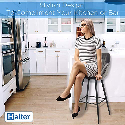 Halter Bar Stool with Back Support and Footrest, Upholstered Modern Bar Stools for Kitchen Counter, Plush Grey Fabric and Black Metal Frame, Kitchen Stools for Island or Counter, 40 Inch, (2 Pack).