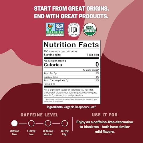 Image of FGO Organic Red Raspberry Leaf Tea Bags, 100 Eco-Conscious Tea Bags, Caffeine Free, Imported from Germany, Reseable Bag, Packaging May Vary (Pack of 1)