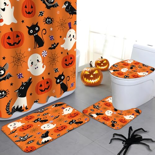 MEHOFOND 4pcs Halloween Shower Curtain Set, Orange Bathroom Mat Sets