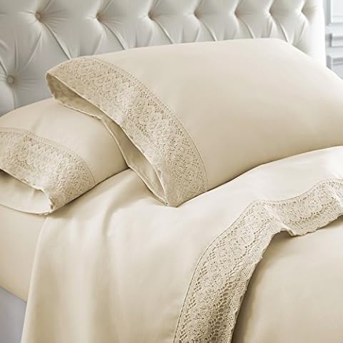 Pacific Coast Textiles 4 PIECE CROCHET LACE MICROFIBER SHEET SET LINEN KING, Microfibre Cover