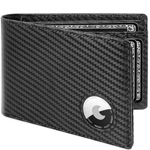 Air Tag Wallet for Men, Genuine Leather Carbon Fiber Mens Wallet with AirTag Holder, RFID Blocking Wallet with ID Window up to 12 Cards Gifts for Men