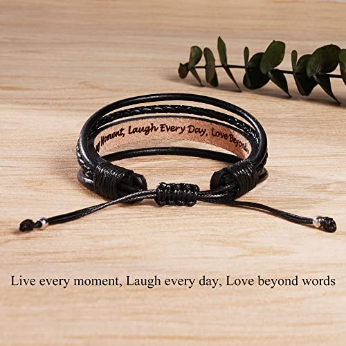 Leather Bracelets for Men Women Inspirational Gifts for Him Her Handmade Black Braided Motivational Birthday Gift for Boyfriend Husband Dad Anniversary Christmas Mens Stocking Stuffers