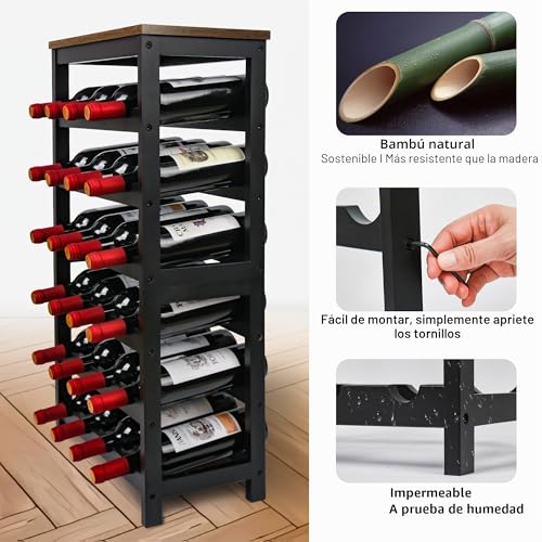 Miniatura 4 de Vasmia Botellero De Bambú Para 24 Botellas, Estantería Con 6 Niveles Para Sótano, Cocina, Bar, Comedor, Soporte Para Botellas De Madera Con Tablero De Mesa, 41 X 24 X 81 Cm, Marrón Vintage