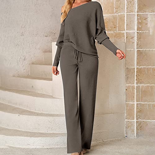 Arssm Women's Oversized Loose Suit Knitted Sweater Outfits 2 Piece Sweatsuit Color Long Sleeve Pullover Pants Tracksuit(Grey-S) #TOP2