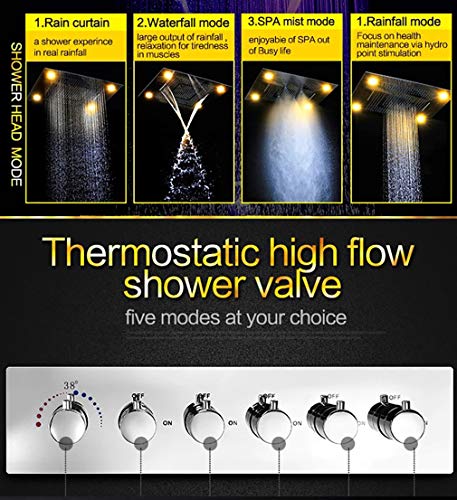 Cascada Classic Design 23"X31" Large Rain Shower Set With Waterfall Led Rectangle 4 Function Shower Head, Massaging Body Jets & Handheld, Remote Control For Coloring Lights, Stainless Steel,Matt Black #TOP1