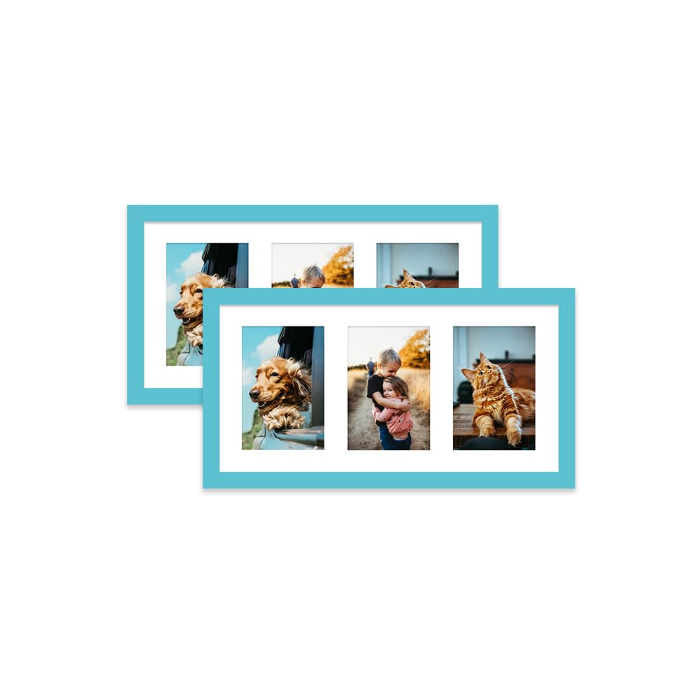 Turquoise Multi Photo Frame - Holds 3 x 6x4 Pictures, Family Collage Picture Frame for Wall Display, 8x16 Panoramic Frame Size, Set of 2