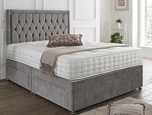 SANA SLEEP Designer Damask Memory Foam Divan Bed Set With Mattress 2 Drawers (Same Side) and Headboard 3FT Single - Naples Grey