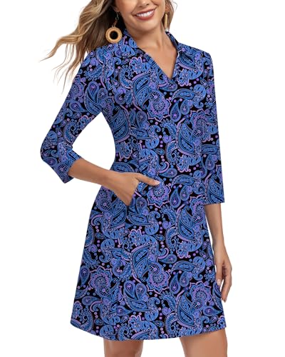 WOWENY 3/4 Sleeve Dress for Women with Pockets V Neck UPF 50+ Casual Sun Dress Breathable Quick Dry Beach Vacation2