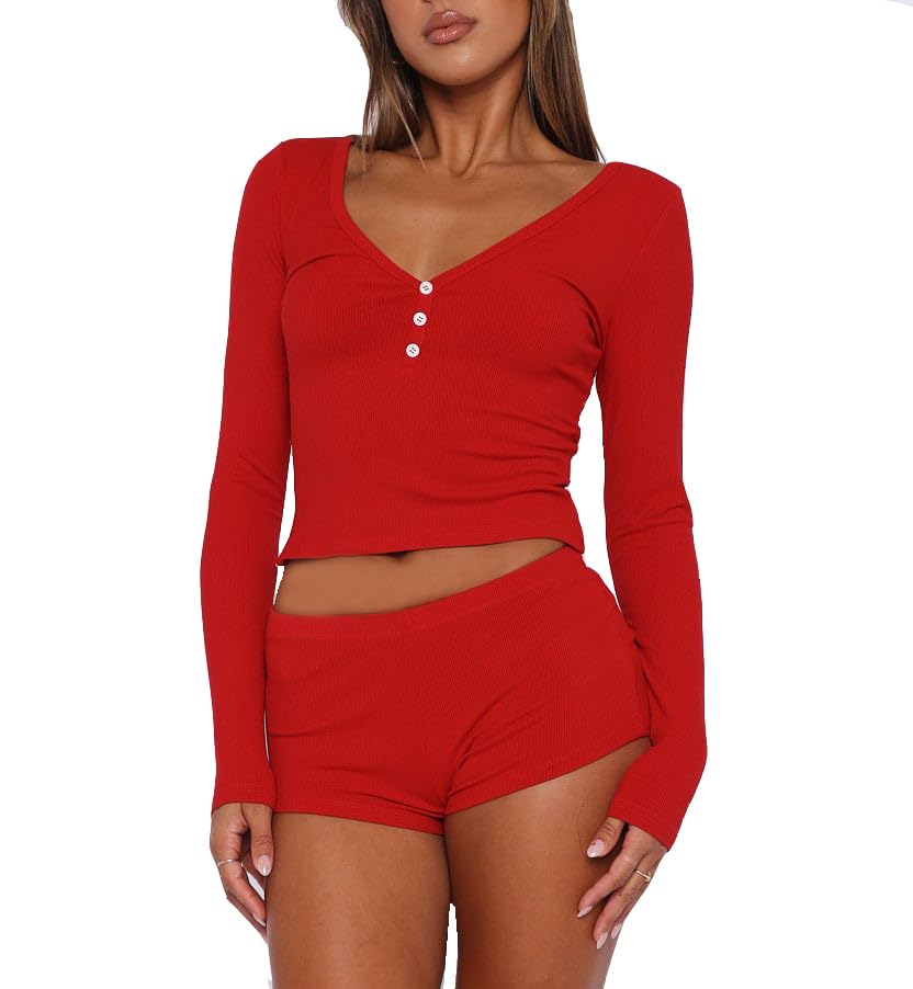 Image of REVETRO Fall Womens 2 Piece Pajama Sets Sexy PJ Shorts Y2k V Neck Long Sleeve Lounge Set Sleepwear with Button Down