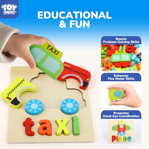 Image of TOY Life Toddler Puzzles Ages 2-4, 4 Vehicles with Spelling Wooden Puzzles for Toddlers 3-5, Montessori Toys Gifts for 1 2 3 Years Old Boys Girls, Christmas Birthday Gifts Learning Toys for Kids