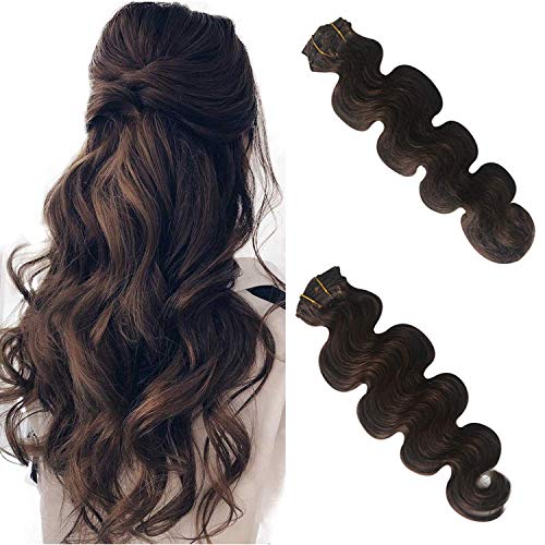 Curly Clip in Human Hair Extensions Double Weft 70G Body Wave Brazilian Virgin Human Hair Extensions Clip on for White Women Silky Straight Real Remy Hair Extensions Dark Brown 7pcs 16 Clips 22 Inch