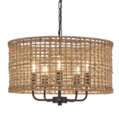 YOMECOO Hand-Woven Rattan Chandelier Vintage Farmhouse Boho Bamboo Chandeliers Light Fixture Rustic Retro 5-Lights Drum Wicker Rattan Black Chandelier for Dining Room, Kitchen, Living Room, E12 - Image 8