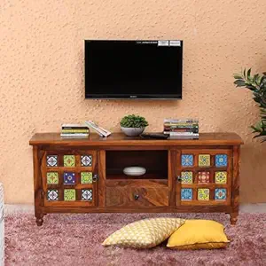 RAAZWOOD Wooden TV Cabinet with Two Doors & One Drawer & One Shelves Box in Sheesham(Rosewood Sheesham Category) in Natural Honey Oak Color with Glossy Finished Polished