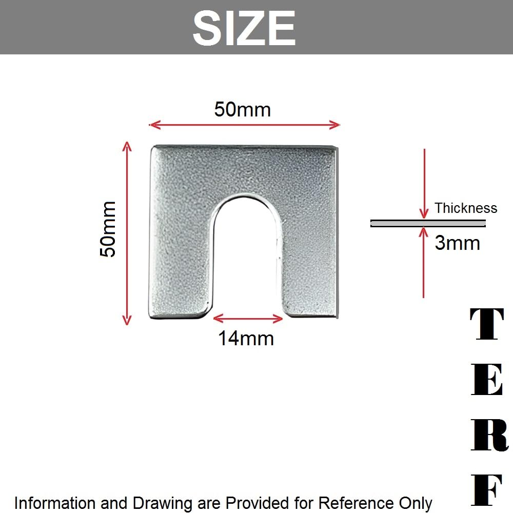 TERF® 50 mm x 50 mm x 3 mm mit 14 mm Schlitzen, verzinkter Stahl, Hufeisen, U-Unterlegscheiben, Metall-Abstandhalter, Kotflügelausrichtung, U-Unterlegscheibe, flache Platte, quadratische