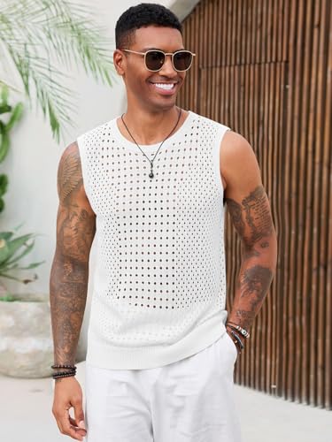Runcati Mens Knit Sleeveless Tank Tops Casual Hollow Out T Shirts Beach Summer See Through Tops2