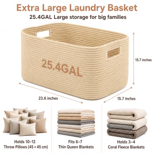 Image of 25.4GAL Collapsible Cotton Rope Extra Large Storage Basket For Bedroom Closet, Boho Rectangular Short Hamper Woven Storage Baskets for Living Room Throw Pillows Blankets Dirty Clothes, Oatmeal