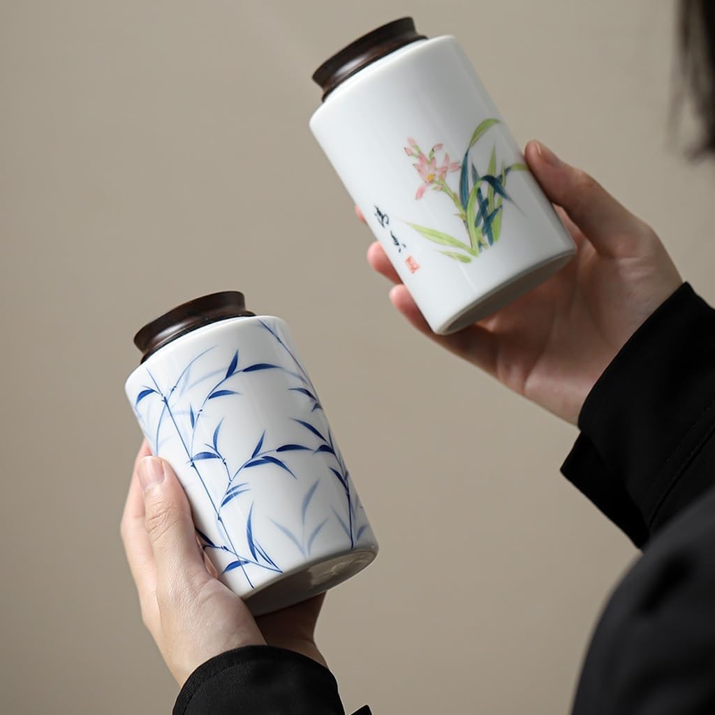 SONGCHAO Sugar Jar Sandalwood Lid Tea Can, Ceramic Warehouse, Hand-Painted, Sealed Storage Tea Canister
